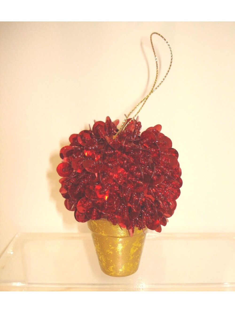 Red Sequin & Beads Christmas Ornament of Potted Plant / Poinsettia